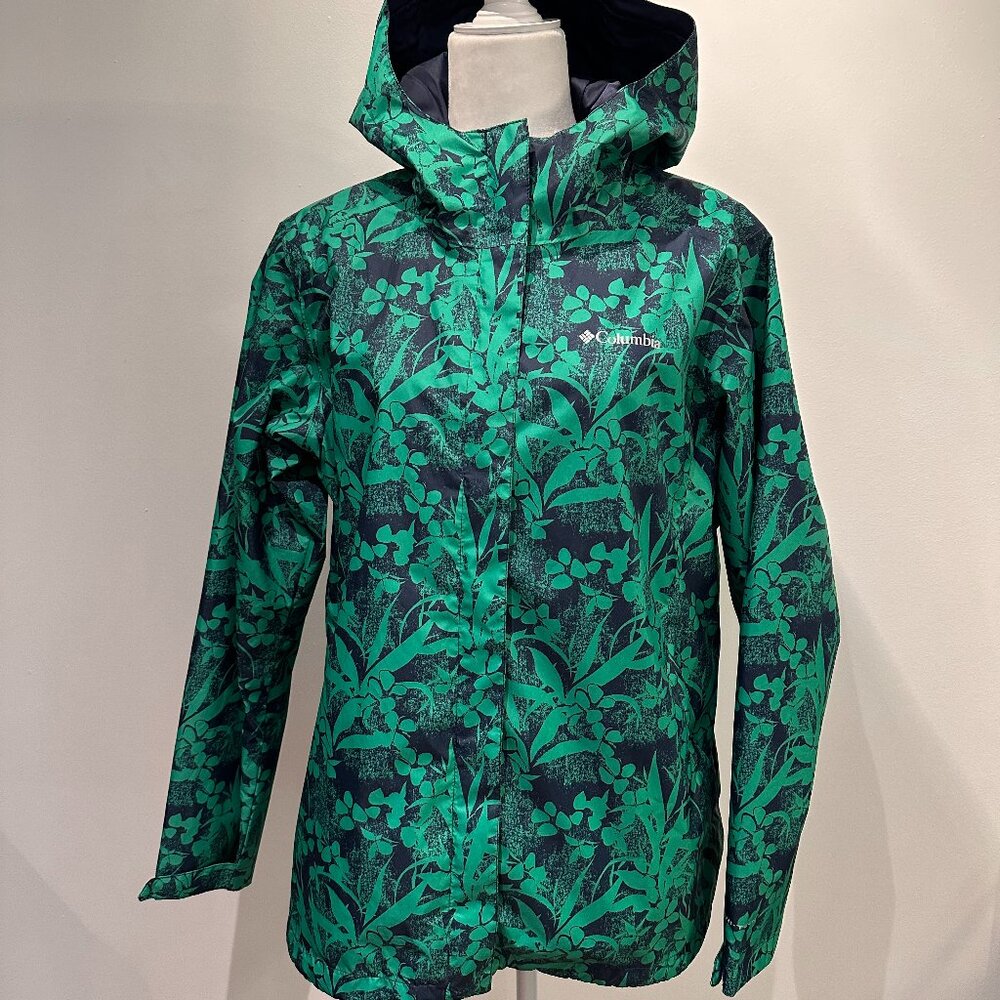 Columbia Sportswear Green Floral Hooded Rain Jacket Size L